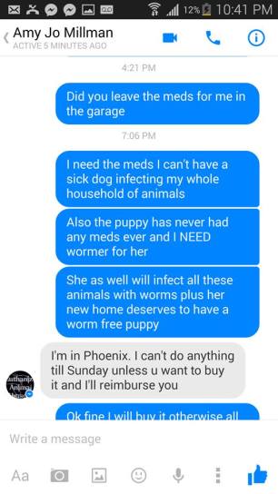 In this text exchange with MSMR founder Amy Jo Millman, Ina's foster mom said the 7-week-old puppy hadn't been wormed. Image credit withheld.