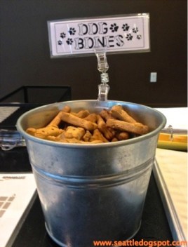 This treat bucket on the desk of Amazon's receptionist is a favorite stop for the hundreds of dogs that go to work there with their people. Photo from Seattle DogSpot.