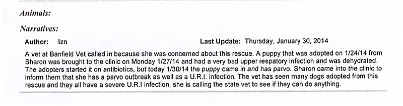 A Banfield veterinarian filed a report with JAS saying she had seen many dogs adopted from Furever Homes and "they all have a severe URI infection." 